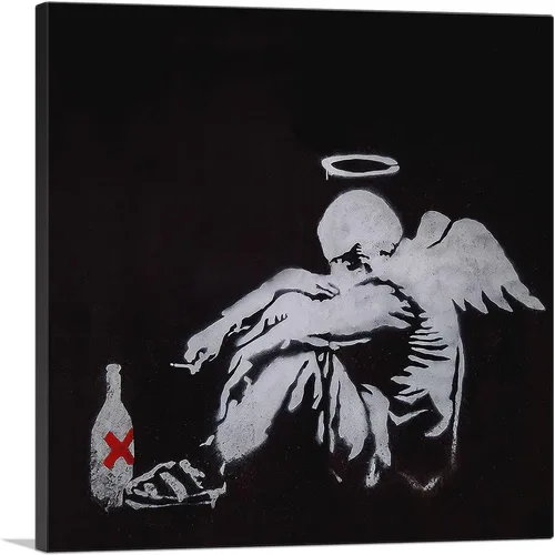 ARTCANVAS Banksy - Lienzo decorativo de ángel borracho – Póster de ángel caído estirado enmarcado para decoración de pared, 18 x 18 pulgadas (0.75