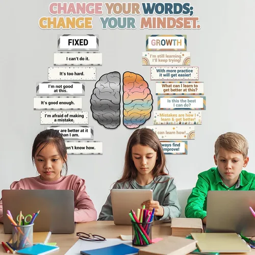 Miniatura 5 de ZOIIWA Tablero de anuncios boho Rainbow Growth Mindset, póster inspirador de mentalidad de crecimiento, póster bohemio motivacional para profesores