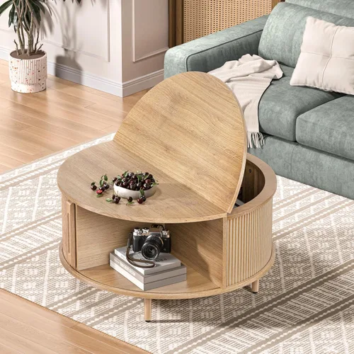 Miniatura 4 de Mesa auxiliar redonda, mesa central acanalada de 31.5 pulgadas con almacenamiento, mesa de centro elevable con almohadillas ajustables, puerta