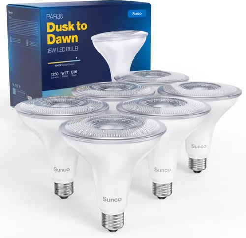 Sunco - Paquete de 6 bombillas LED de inundación, impermeable PAR38 iluminación exterior del atardecer al amanecer, 1250 LM, equivalente a 120 W 15