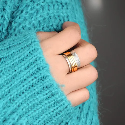 Miniatura 2 de Boho-Magic Anillo giratorio de plata de ley 925 para mujer con 4 anillos de latón para ansiedad, banda ancha gruesa, Metal