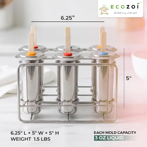 Miniatura 3 de Ecozoi Moldes de paletas de acero inoxidable, 6 máquinas de paletas de hielo de metal, 30 palitos de bambú reutilizables, 12 sellos de silicona y 1