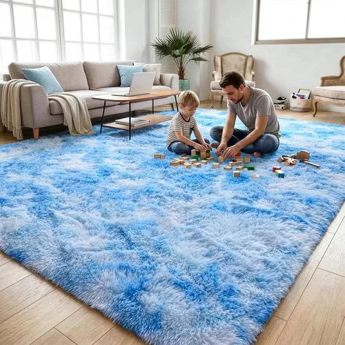 Miniatura 8 de DweIke Alfombras Esponjosas Azules de Pelo Largo para Dormitorio y Sala de Estar, 3x5 Pies, Alfombra Suave de Felpa Teñida Azul Cielo Claro