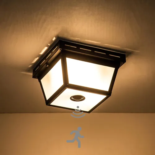Lámpara de techo con sensor de movimiento de 2 luces, luz empotrada para exteriores, luces de porche, montaje en techo negro con vidrio texturizado