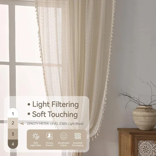 Miniatura 4 de WAZZIO Cortinas de Encaje, Cortina Boho de Crochet para Dormitorio, Cortinas de Café de Algodón, 45 Pulgadas de Largo, 2 Paneles con Bolsillo