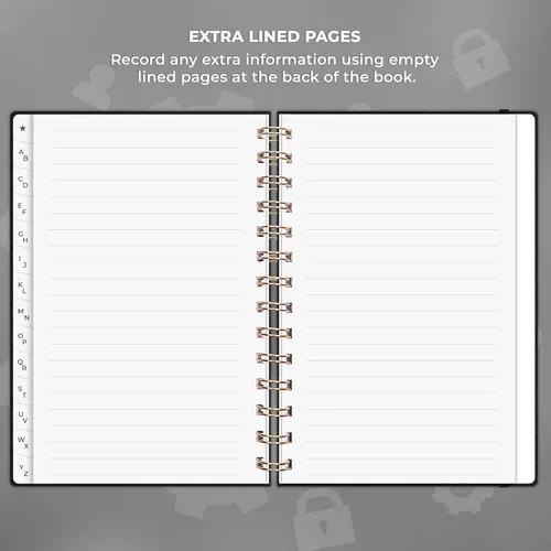 Miniatura 6 de Clever Fox Libro de Contraseñas en Espiral – Organizador de Direcciones de Internet y Contraseñas con Pestañas Alfabéticas Laminadas – Diario Negro