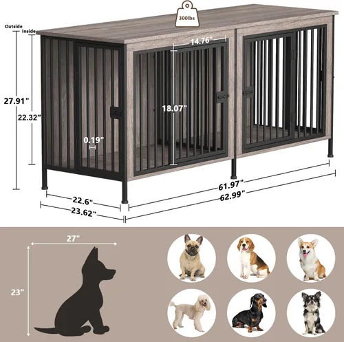 Miniatura 5 de EasyCom - Mueble jaula para 1 o 2 perros, individual o doble, resistente jaula para interiores, base de televisión, mediano, 63 pulgadas de largo