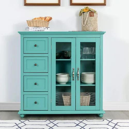 Miniatura 2 de Giantex Aparador buffet, armario de almacenamiento de madera, mesa consola con 4 cajones, credenza de 2 puertas, muebles de sala de estar, comedor
