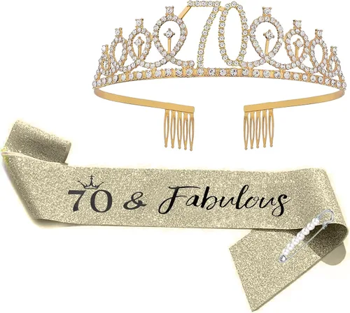 FUNSACHY Juego de tiara de banda y diamantes de imitación para cumpleaños número 70, regalos de cumpleaños de 70 años para ella, corona,