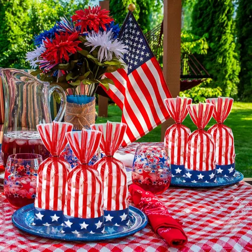 Miniatura 6 de Whaline 150 bolsas patrióticas de celofán para el 4 de julio, estrellas y rayas, bolsas de celofán con lazos torcidos, bolsa de dulces de bandera