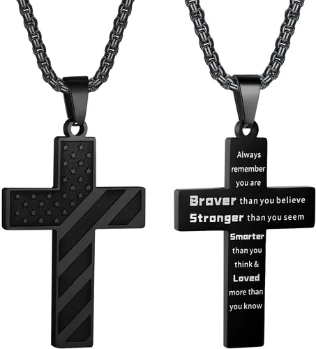 Collar con cruz de bandera estadounidense para niños, cadena de caja de acero inoxidable de 22 + 2 pulgadas, colgante de cruz inspirador de