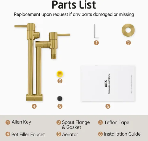 Miniatura 9 de KES Llenador de Ollas Dorado para Cocina Grifo Plegable de Latón con Doble Articulación Brazo Giratorio Grifo de Fregadero Articulado de Montaje