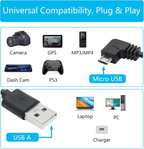 Miniatura 6 de Cable de alimentación micro USB de 90 grados para cámara de tablero de 11 pies, cable de carga USB en ángulo izquierdo, solo alimentación,
