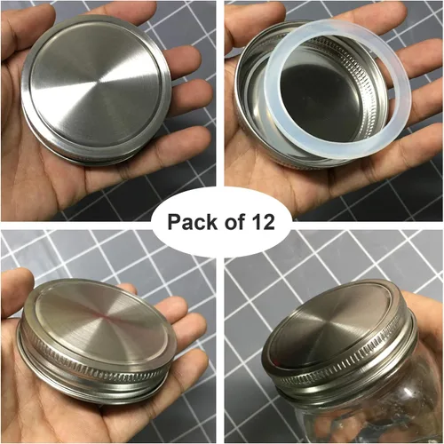 Miniatura 5 de Tapas para tarros de acero inoxidable, tapas de almacenamiento con sellos de silicona para frascos de boca regular, superficie pulida, reutilizables
