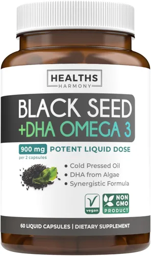 Cápsulas de aceite de semilla negra prensado en frío - Suplemento vegano sin OMG de semilla negra Nigella Sativa con Omega 3 DHA para el bienestar