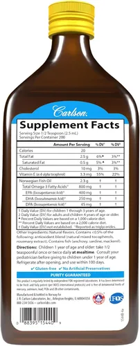 Miniatura 2 de Carlson - El Mejor de Todos los Aceites de Pescado para Niños, 800 mg Omega-3s, Suplemento de Aceite de Pescado Líquido, Aceite de Pescado Noruego