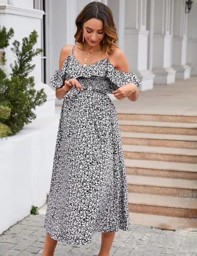 Miniatura 4 de KOJOOIN Vestido de maternidad para mujer, con volantes, manga corta, tirantes delgados, vestido floral, cuello en V, acampanado, vestido
