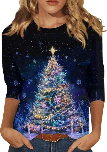 Miniatura 16 de Camisetas de manga 3/4 para mujer, cuello redondo, holgadas, casuales, con estampado floral, camisetas de moda para el trabajo de negocios