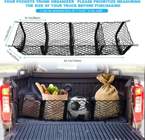 Miniatura 3 de Red de comestibles para caja de camioneta: red de carga resistente de 4 bolsillos para camioneta, red elástica de almacenamiento para caja