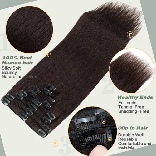 Miniatura 4 de S-noilite Extensiones de cabello humano con broches, extensiones de cabello humano corto con clip, trama estándar, 8 piezas, 18 clips, cabello