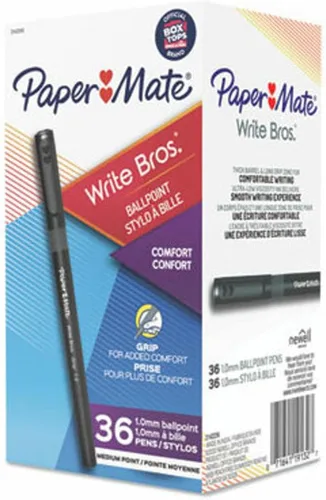Paper Mate Write Bros. Grip - Bolígrafo de punta redonda, 0.039 in, tinta negra, barril negro, paquete de 36 unidades