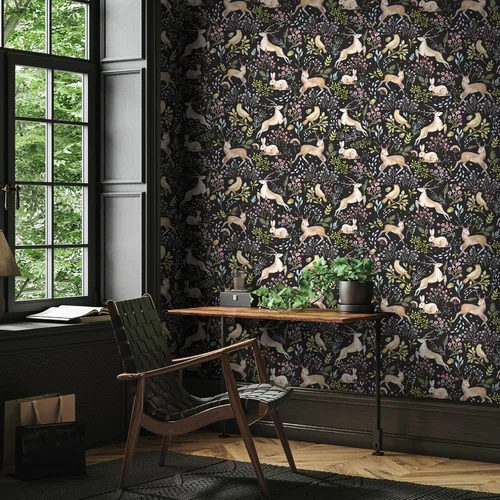 Miniatura 5 de VaryStyle Papel tapiz de 17.7 x 118 pulgadas con diseño de animales del bosque, selva, lindo ciervo, conejo, pájaro, musgo, floral, papel