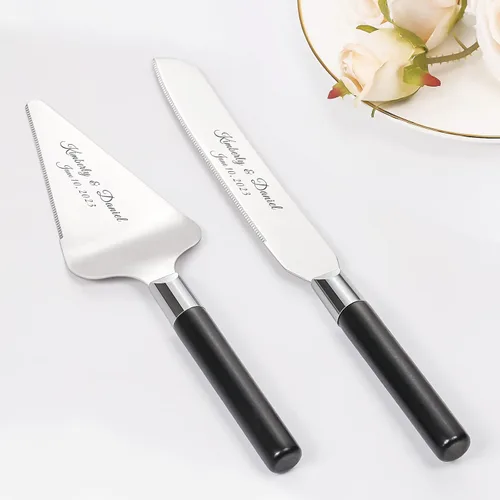 Juego de corte de pasteles personalizado para bodas, cuchillos de pastel y servidor, grabado gratis, cortador de pastel de postre de madera Plateado