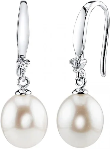 The Pearl Source Real Pearl Dangle Earrings for Women with Genuine AAAA Quality White Freshwater Cultured Pearls | 14K Gold Plated 925 Sterling