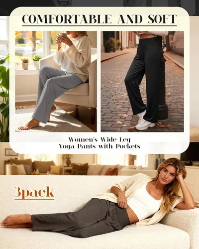 Miniatura 150 de Neer - Conjunto de 3 pantalones de yoga de pierna ancha para mujer - Pantalones deportivos cómodos, holgados, de cintura alta y casuales