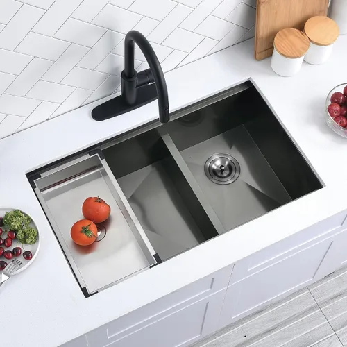 Miniatura 7 de Scamall - Fregadero de cocina doble de 32 pulgadas de montaje bajo encimera color negro, 32 x 19 x 10 pulgadas, acero inoxidable 304 calibre 16