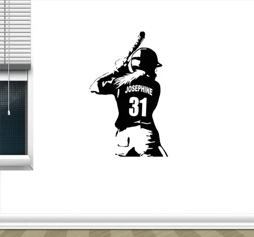 Miniatura 2 de Calcomanía de pared personalizada con mano izquierda para niña de sóftbol/jugador de béisbol – Elige tu nombre y números, camisetas de jugador