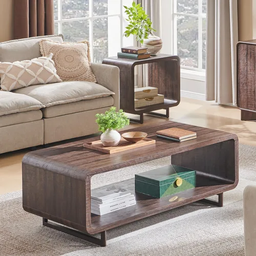 Miniatura 3 de IFGET Mesa de Centro Moderna de 48", Mesa Central Minimalista de 2 Niveles con Estante de Almacenamiento, Diseño de Perfil Curvo, Mesa Rectangular