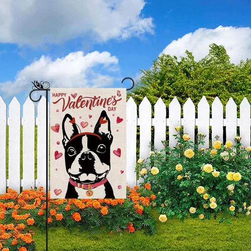 Miniatura 5 de Bandera de jardín para el día de San Valentín, banderas de perro Boston Terrier para exteriores, amor, corazón, aniversario, boda, fiesta, hogar