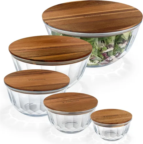 Juego de 5 cuencos apilables grandes de vidrio anidables con tapas de acacia para preparación de alimentos, almacenamiento, horneado, mezcla de masa