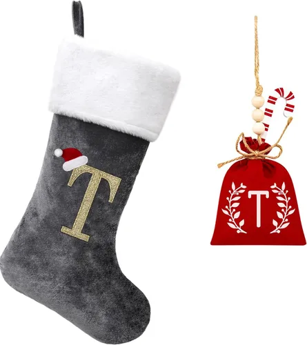 Miniatura 162 de Calcetines de Navidad bordados de 20 pulgadas con monograma, terciopelo negro con puño de felpa blanca supersuave, adornos clásicos para decoración