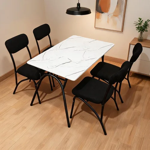 Miniatura 10 de GarveeHome Juego de mesa de comedor de 5 piezas para 4, mesa de cocina moderna con 4 sillas de bouclé, mesa de comedor rectangular con estante