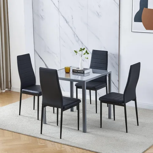 Miniatura 16 de Juego de 4 mesas de comedor y sillas de comedor de cristal negro de 5 piezas, moderna mesa cuadrada de cocina pequeña y 4 sillas de comedor que