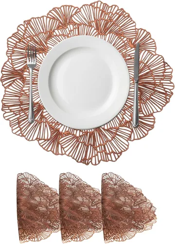Miniatura 16 de uxcell Juego de 4 manteles individuales redondos de flores rojas para mesas de cena, manteles individuales metálicos de polivinilo prensado