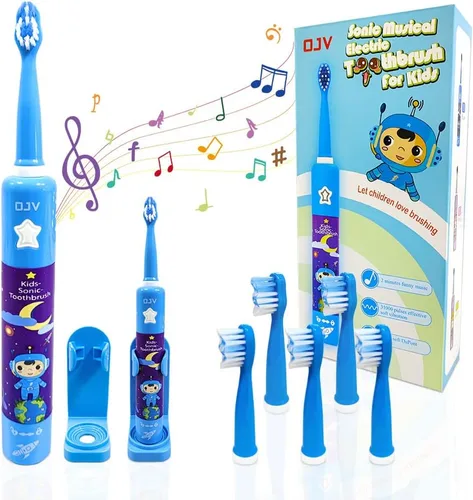 Miniatura 8 de OJV 8620 Cepillos de dientes eléctricos musicales para niños, 3 modos de temporizador de 2 minutos, 6 cerdas recargables de energía inteligente, Azul