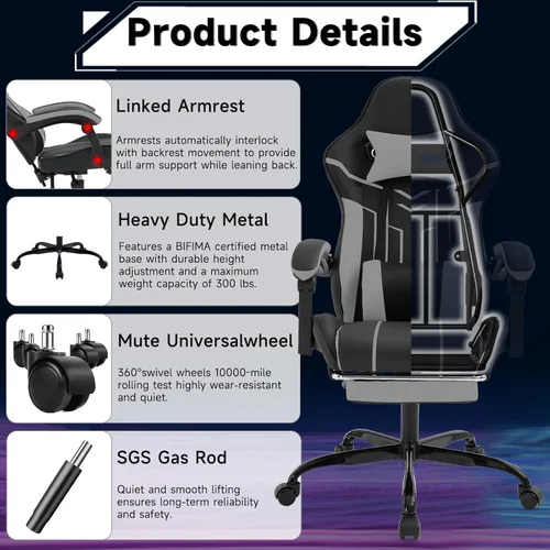 Miniatura 6 de Silla de juegos con reposapiés, silla de oficina ergonómica con soporte lumbar de masaje, silla de computadora de respaldo alto para adultos, sillas
