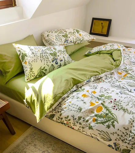 Miniatura 2 de KAREVER Juego de edredón botánico tamaño matrimonial, color blanco y verde salvia, juego de ropa de cama floral con patrón de jardín impreso