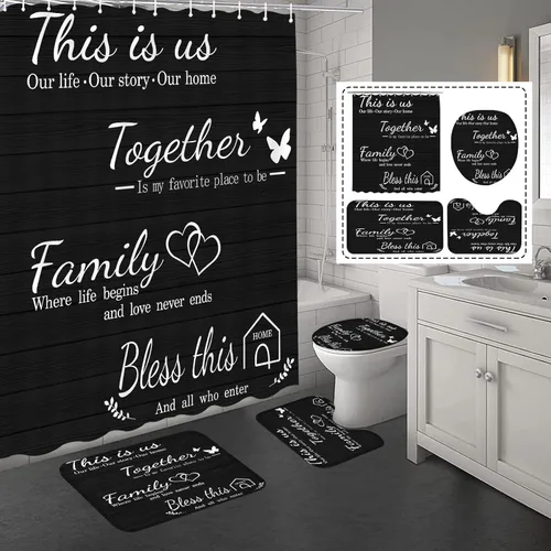 Juego de 4 piezas de cortinas de ducha familiares con alfombras antideslizantes, cubierta para tapa de inodoro y tapete de baño, conjunto negro de