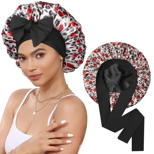 Miniatura 16 de Gorro de satén de seda para dormir, gorro de seda de doble capa con banda elástica para cabello rizado Negro+marrón