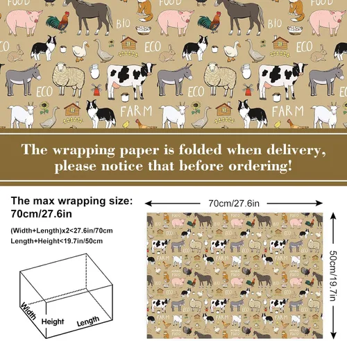 Miniatura 2 de 12 hojas de papel de regalo de granja, no enrollado, papel de regalo con tema de animales de granja, plegado a granel, plano retro, caricatura