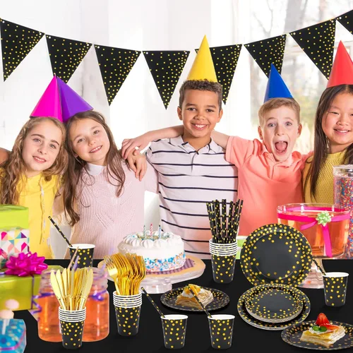 Miniatura 7 de Sylken Juego de vajilla de fiesta de 186 piezas en negro y dorado - 25 invitados, platos de papel, servilletas, vasos de papel y vajilla