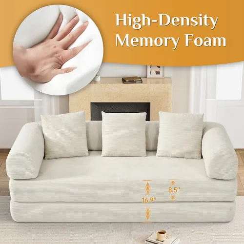 Miniatura 5 de DAMAIFROM Sofá cama convertible con almohada cilíndrica, sofá cama plegable de pana con marco de forma fija, sofá modular de suelo para sala de Beige