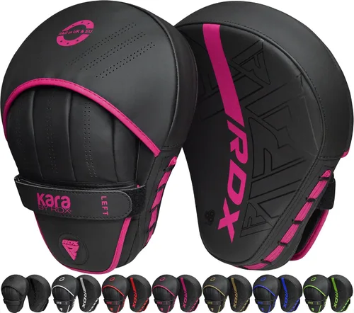 Miniatura 12 de RDX Almohadillas de boxeo Curvadas Focus Mits, Maya Hide Leather Kara Hook and jab Training Pads, correa ajustable ventilada, MMA Muay Thai Rojo