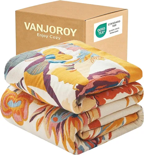 VANJOROY - Manta bohemia de 100% algodón orgánico, transpirable, ultrasuave, decoración rústica, manta decorativa con diseño floral para todas las