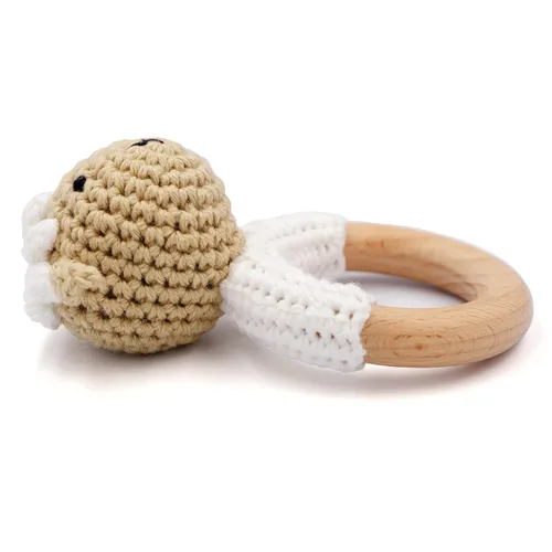 Miniatura 2 de Joliecraft Juguete de sonajero de madera natural para bebé, suave con anillo para dentición para lactantes, cordero color crema