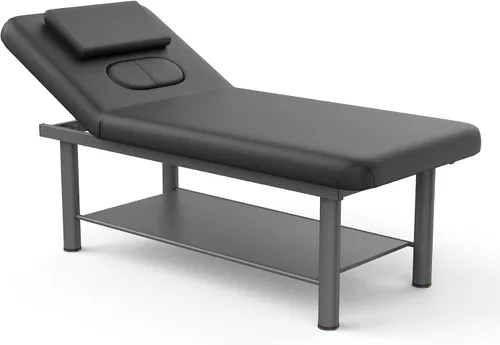Mesa de masaje estacionaria profesional con respaldo ajustable, piel sintética, reposacabezas extraíble, marco de metal, cama de spa de alta Negro